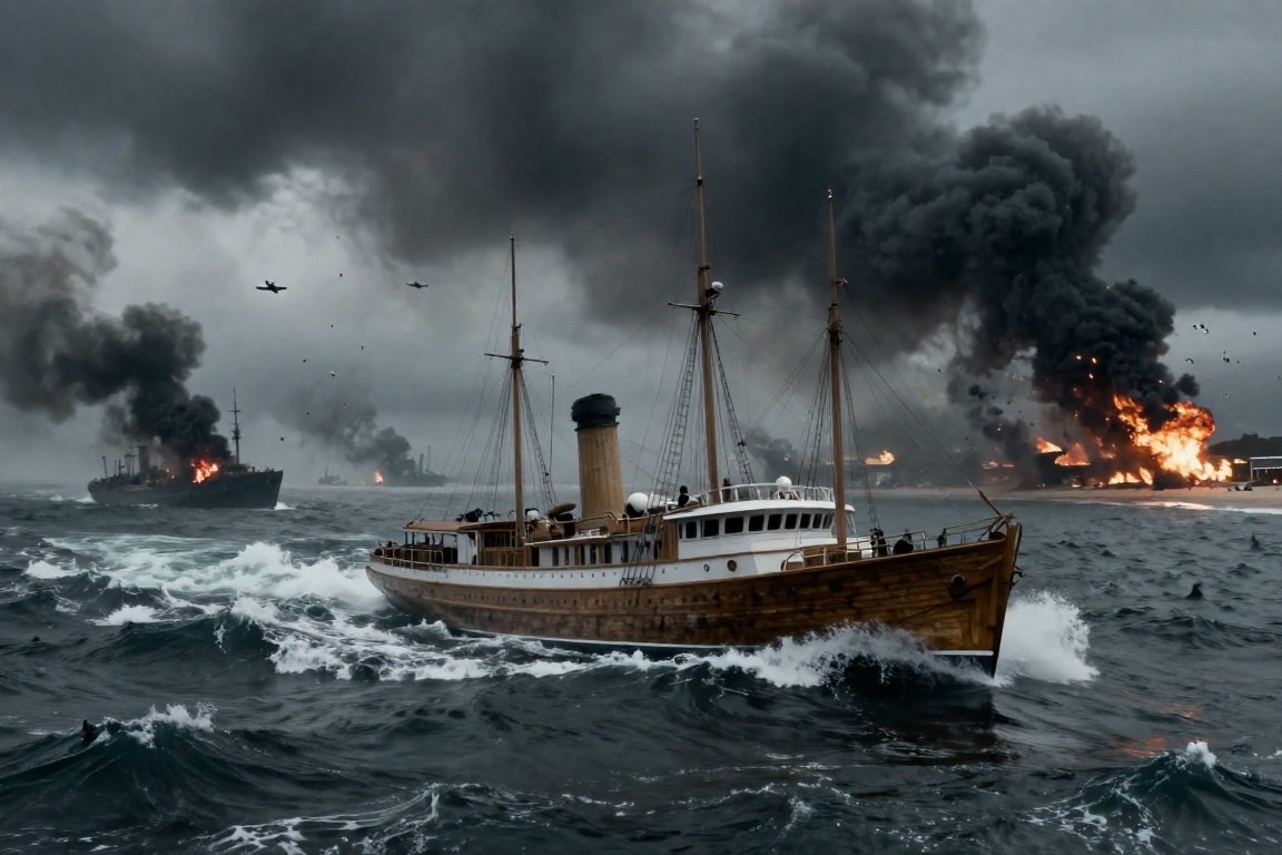 a 1940s 40-foot wooden motor yacht named "Sunrise" sailing through rough, giant, churning ocean waves.